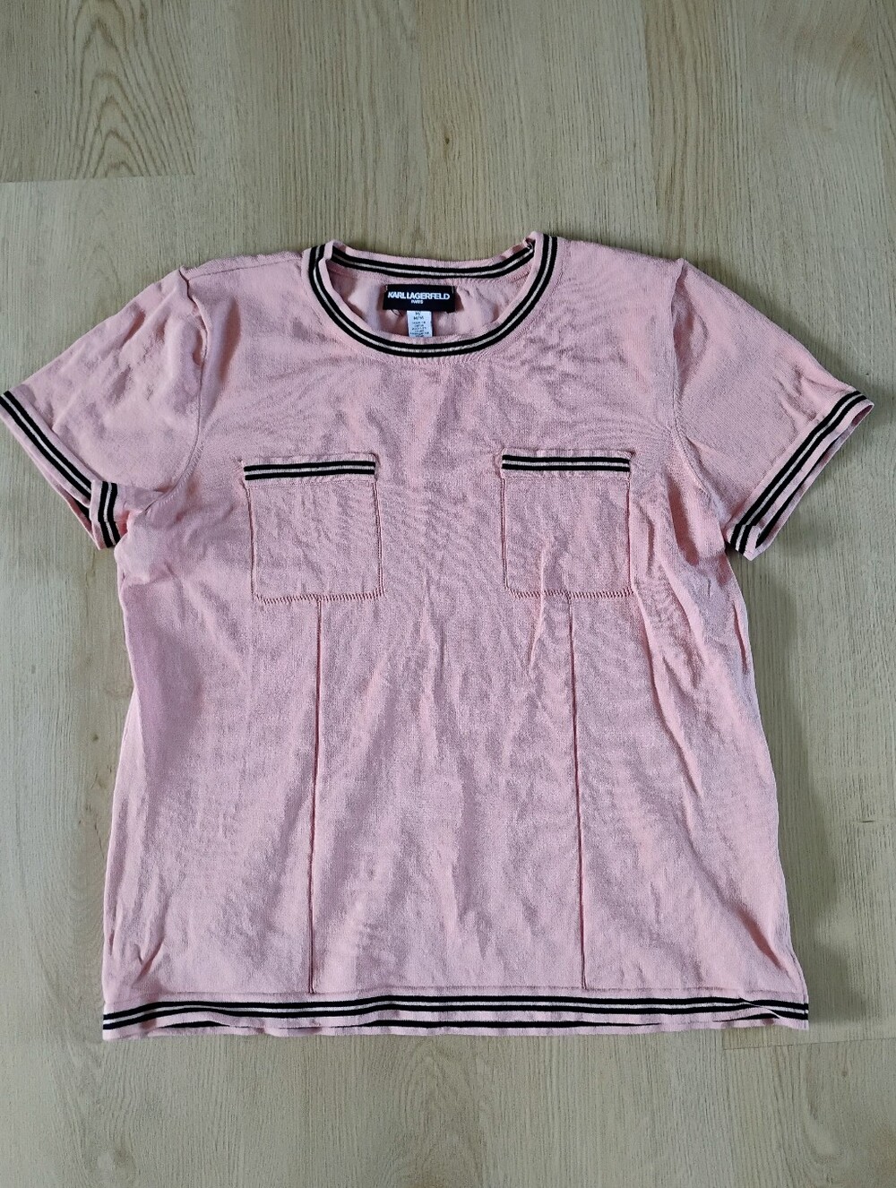Karl Lagerfeld Light Pink Short Sleeve Knit Top with Contrast Trim